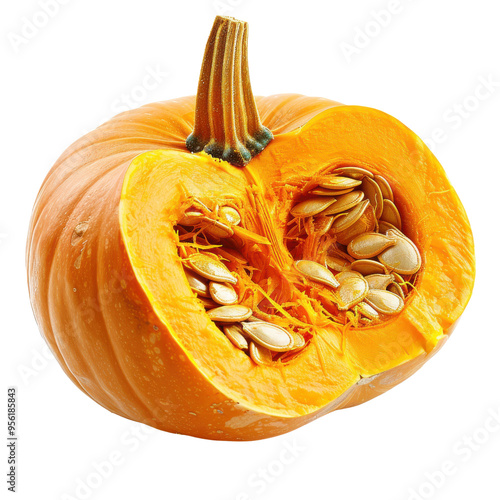 A vibrant orange pumpkin, cut open to reveal its seeds and fibrous interior, perfect for autumn and Halloween-themed projects. photo