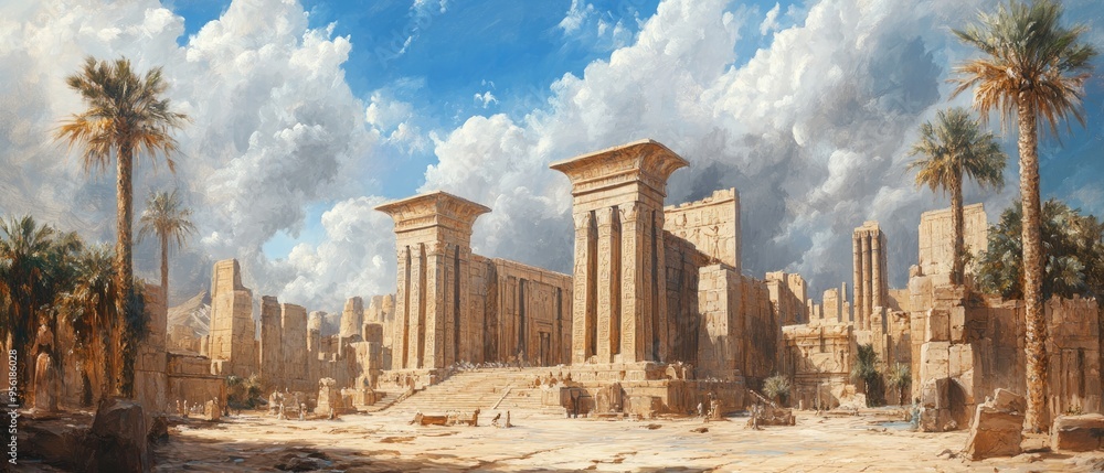 Obraz premium Oil painting depicting a remarkable ancient site showcasing its architectural beauty and historical significance as a wonder of the world