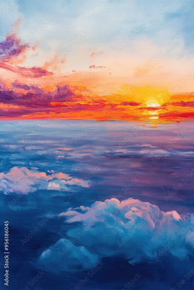 Oil painting depicting a sunset over the ocean from a high altitude showcasing vibrant colors and serene beauty of the sky Oil painting depicting a sunset over the ocean from a high altitude showcasing vibrant colors and serene beauty of the sky