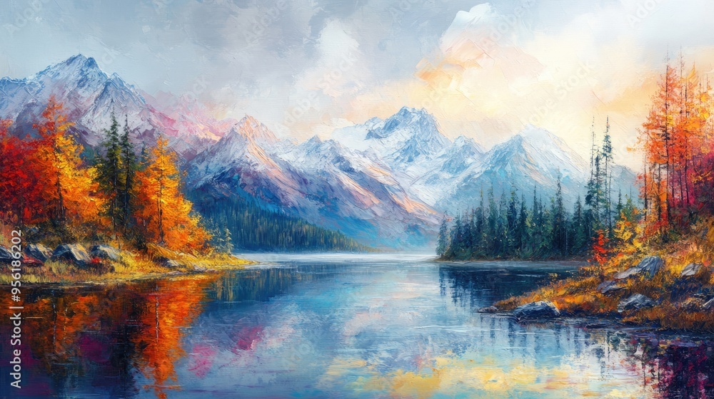 Obraz premium Oil painting depicting a stunning evening panorama of a tranquil lake showcasing a picturesque autumn sunset in the alpine landscape Captivating beauty of nature concept