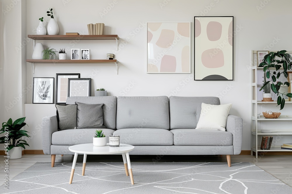 Obraz premium Modern living room design featuring a grey sofa, shelves, coffee table, and artwork.