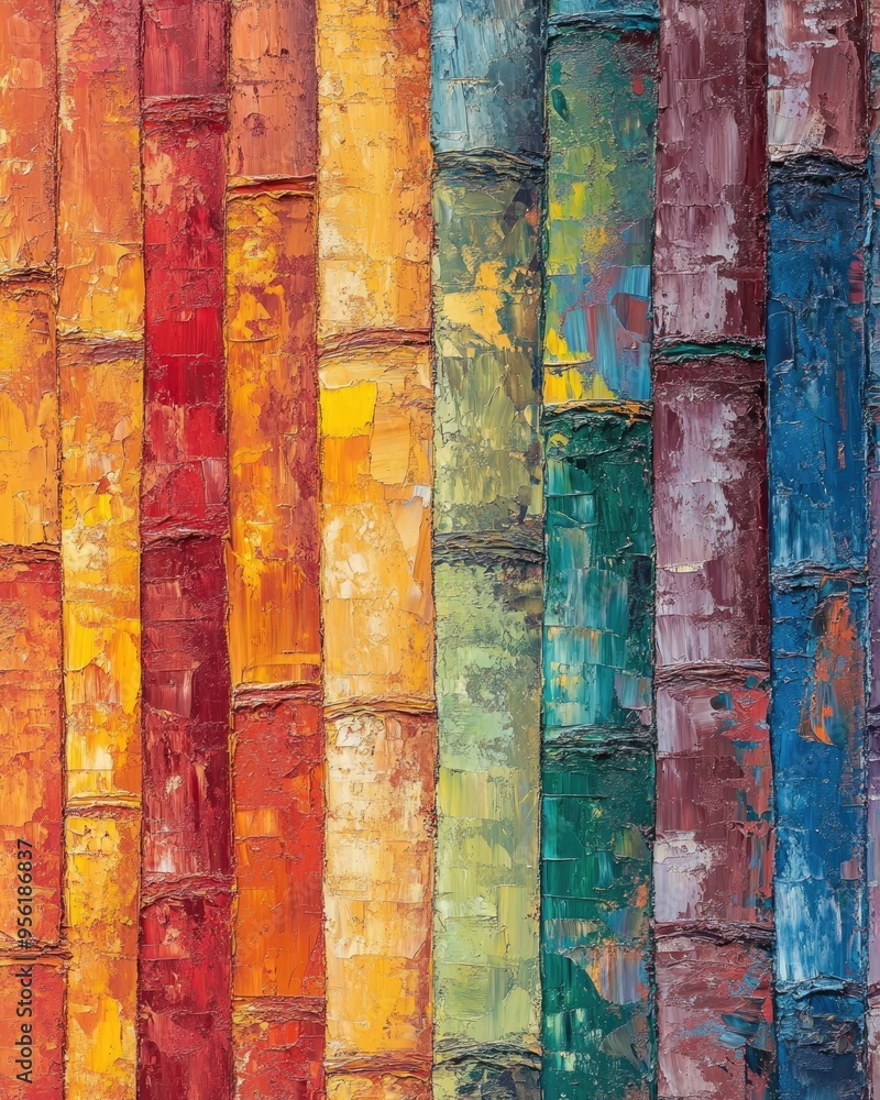 Vibrant close up of a textured bamboo surface showcasing a rich array of colors in an oil painting style Vibrant close up of a textured bamboo surface showcasing a rich array of colors in an oil painting style