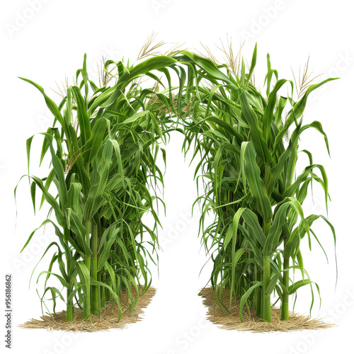 Lush green corn plants create a vivid archway, symbolizing growth and abundance in an agricultural landscape.