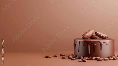 3d Mock up Chocolate brown podium with cocoa beans and dripping chocolate Pedestal stage for confectionery product presentation Indulgent scene for advertising Sale promotion backg