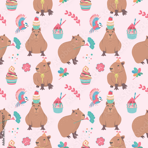 Cute seamless pattern with capybara, bird and cupcake. Perfect for kids apparel, greeting card design, fabric print, baby shower, wrapping paper design, baby prints and home textiles. Happy birthday.