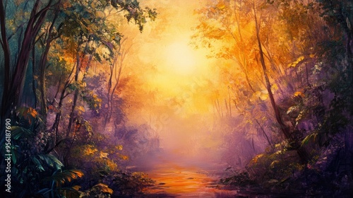 Oil painting depicting a vibrant sunrise in a stunning forest setting