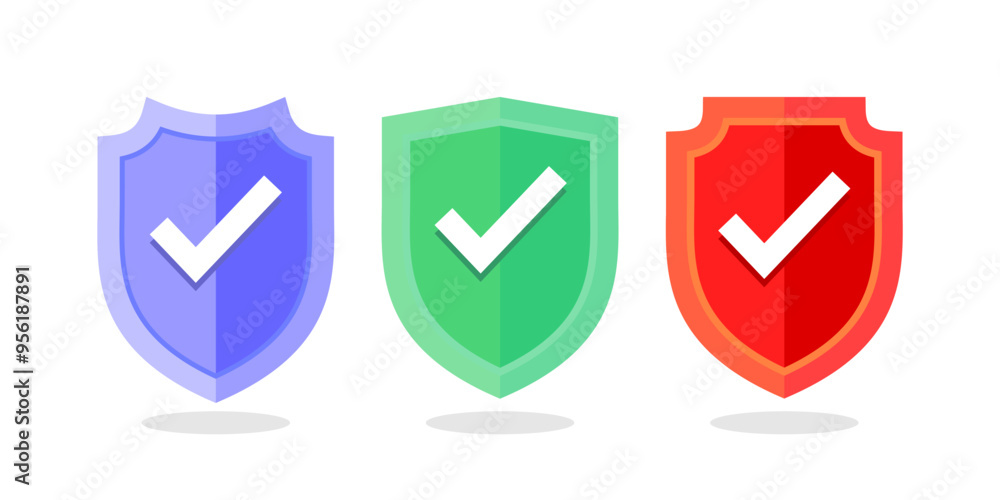 Blue, green, and red badge with check mark. Shields with check mark. Protection concept icon. Blue, green, and red badge with check mark. Shields with check mark. Protection concept icon.