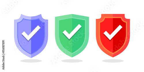 Blue, green, and red badge with check mark. Shields with check mark. Protection concept icon.