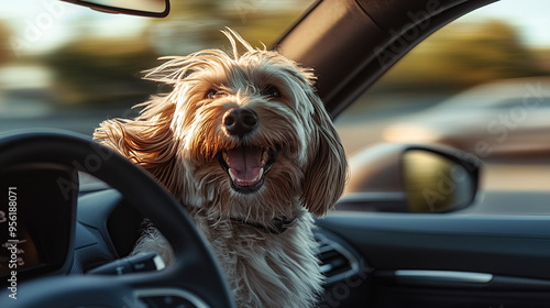 A happy dog sits in the driver's seat of an car