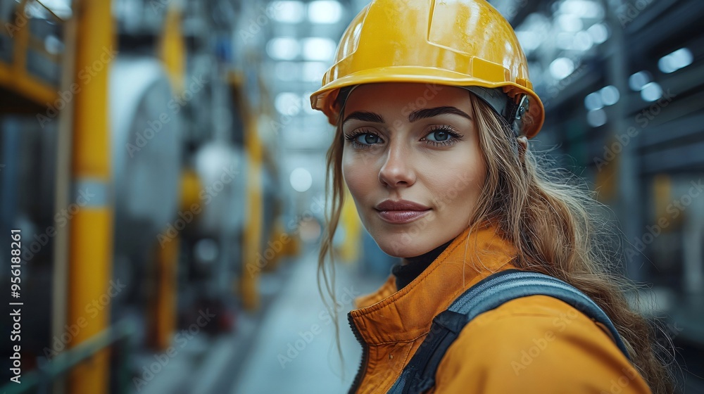 Young female engineer posing in a modern industrial facility wearing hard hat Young female engineer posing in a modern industrial facility wearing hard hat