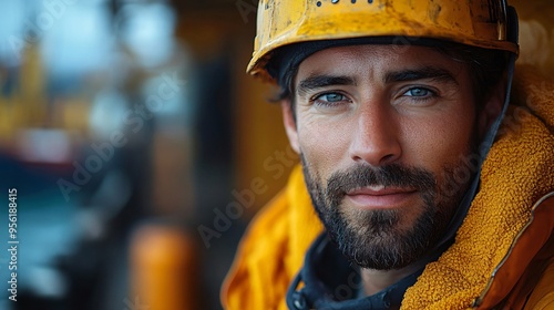 Offshore worker wearing yellow hard hat smiling at camera