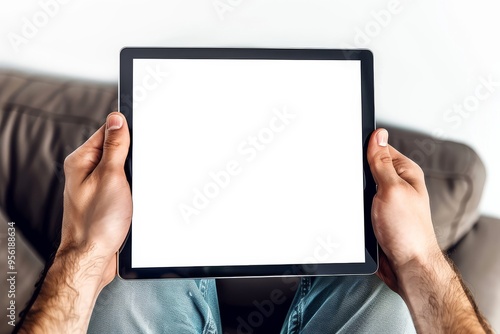 Close-Up Shot of Male Hands Holding a Tablet with a Blank White Screen, Highlighting the Use of Technology in Daily Routines.