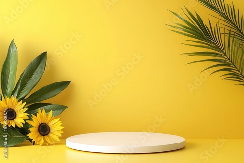 3d Mock up Pastel yellow podium with sunflowers and summer vibes Pedestal stage for seasonal product presentation Bright scene for advertising Sale promotion background