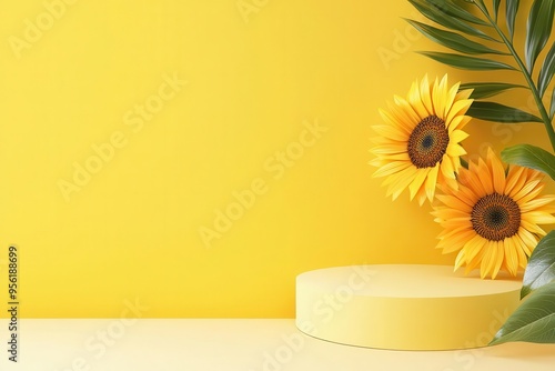 3d Mock up Pastel yellow podium with sunflowers and summer vibes Pedestal stage for seasonal product presentation Bright scene for advertising Sale promotion background