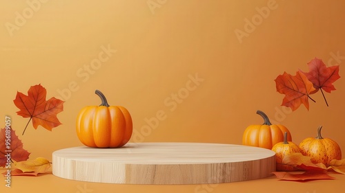 3d Mock up Rustic wooden podium with pumpkins and autumn leaves Pedestal stage for fall product presentation Cozy scene for advertising Sale promotion background