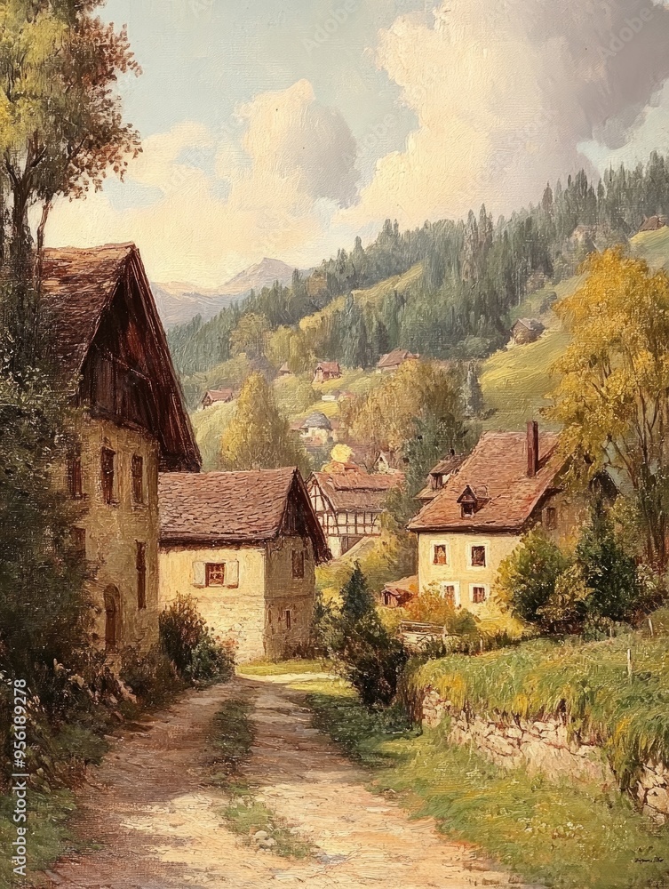 Oil painting depicting a rural settlement in a picturesque village setting Oil painting depicting a rural settlement in a picturesque village setting