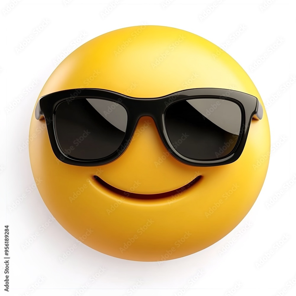 An emoji of an all-yellow smiley face wearing sunglasses, on a white background An emoji of an all-yellow smiley face wearing sunglasses, on a white background