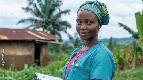 A healthcare worker in a remote area providing microinsurance to families. photo