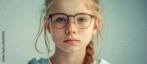 Teenage Caucasian girl wearing glasses in a studio setting with copy space image in the background