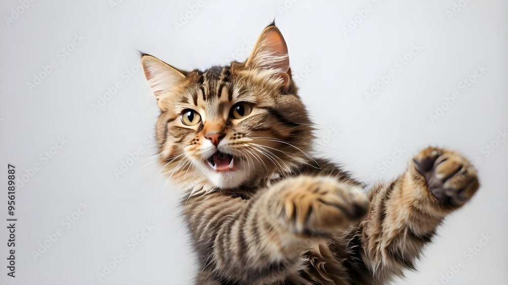 A playful cat mid-action, reaching up to give a high five, with its paw extended and a joyful expression on its face. The image is isolated on a clean white background, capturing the moment of intera A playful cat mid-action, reaching up to give a high five, with its paw extended and a joyful expression on its face. The image is isolated on a clean white background, capturing the moment of intera