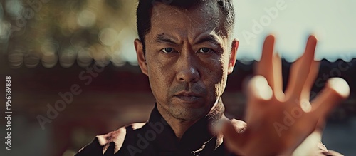 An assured Asian man with hands gesturing towards a copy space image