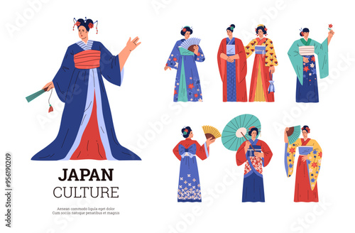 Traditional Japanese vector set: illustrations depicting women in kimonos with fans and umbrellas on a white background