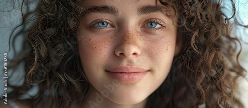 Teenage girl with curly hair in a portrait showcasing her beauty and happiness perfect for a copy space image banner