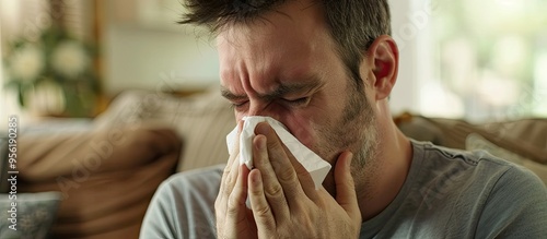 Unhealthy man with red watery eyes a stuffy and runny nose holds a tissue and uses nasal drops to alleviate allergy symptoms like hay fever seen in a living room on a sofa with a copy space image