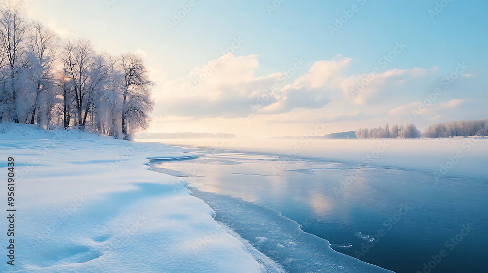 Serene snowy landscape with reflective icy river under a gradient dawn sky. Serene snowy landscape with reflective icy river under a gradient dawn sky.