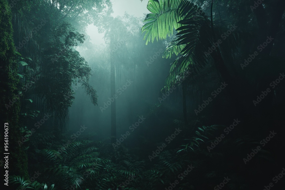 Tropical forest in darkness, with a dense and mysterious atmosphere. Tropical forest in darkness, with a dense and mysterious atmosphere.