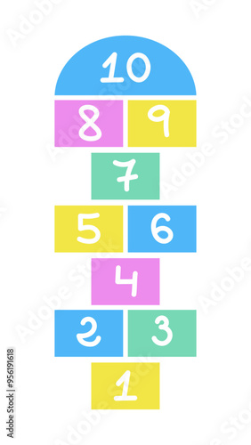 Colorful hopscotch with numbers from one to ten in bright pastel colors, designed for children's outdoor play