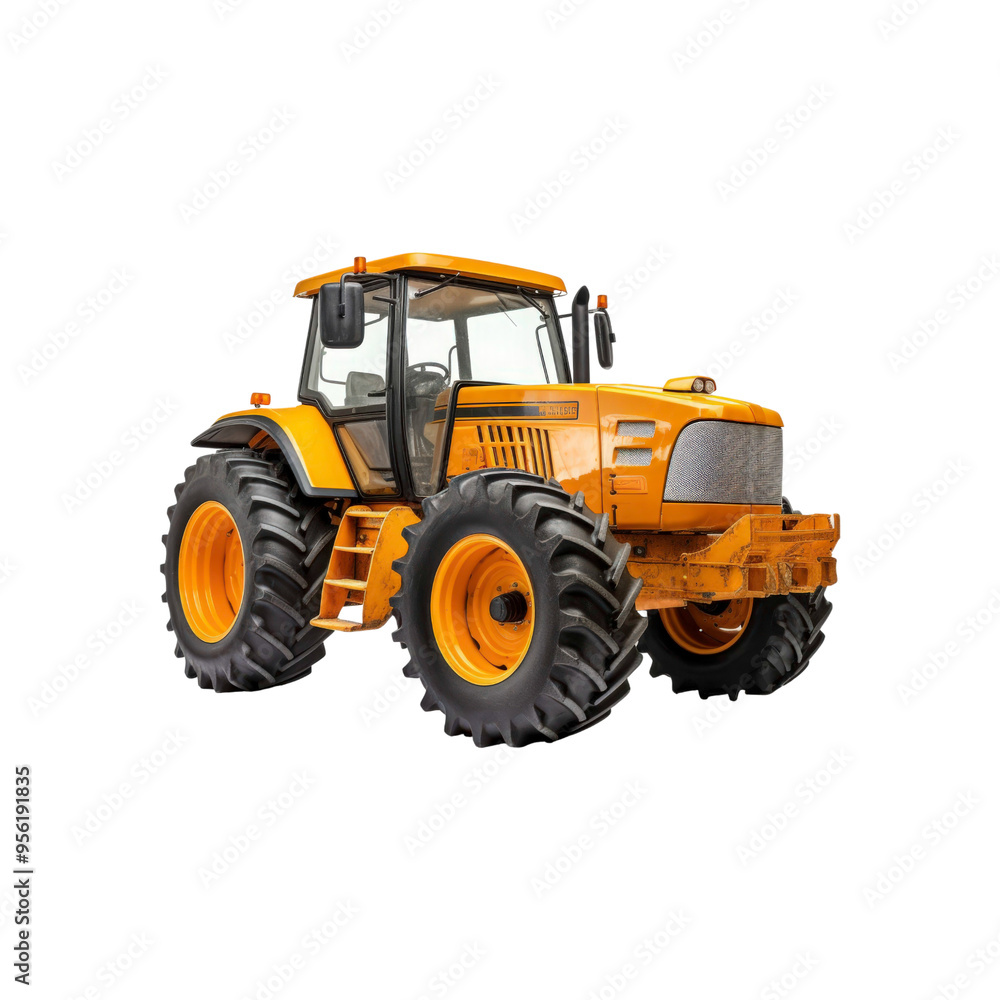 Tractor with large wheels and black tires. Suitable for agricultural, construction, and rural themed designs in need of a powerful vehicle element Tractor with large wheels and black tires. Suitable for agricultural, construction, and rural themed designs in need of a powerful vehicle element