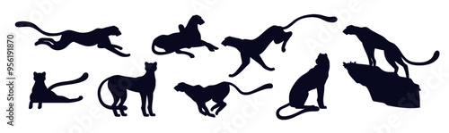 African cheetah various poses silhouette icons set, big wild cat leopard with long tail, fastest exotic animal predator