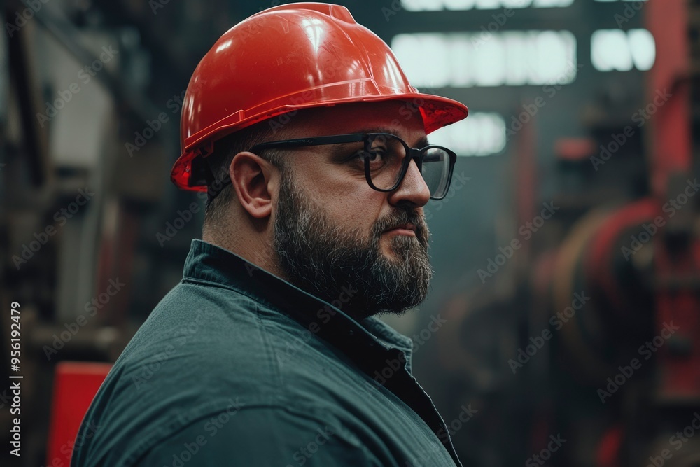 A bearded man in a hard hat and glasses looking away in a factory A bearded man in a hard hat and glasses looking away in a factory