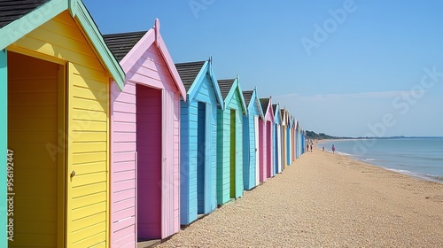 Beach huts in Felixstowe, Suffolk, England.