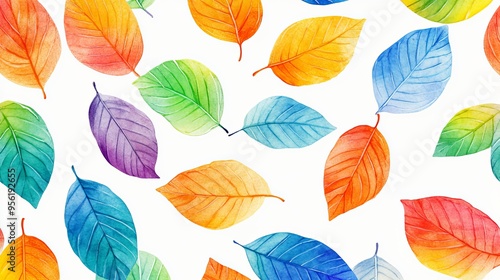 A seamless pattern of colorful leaves on a white background.