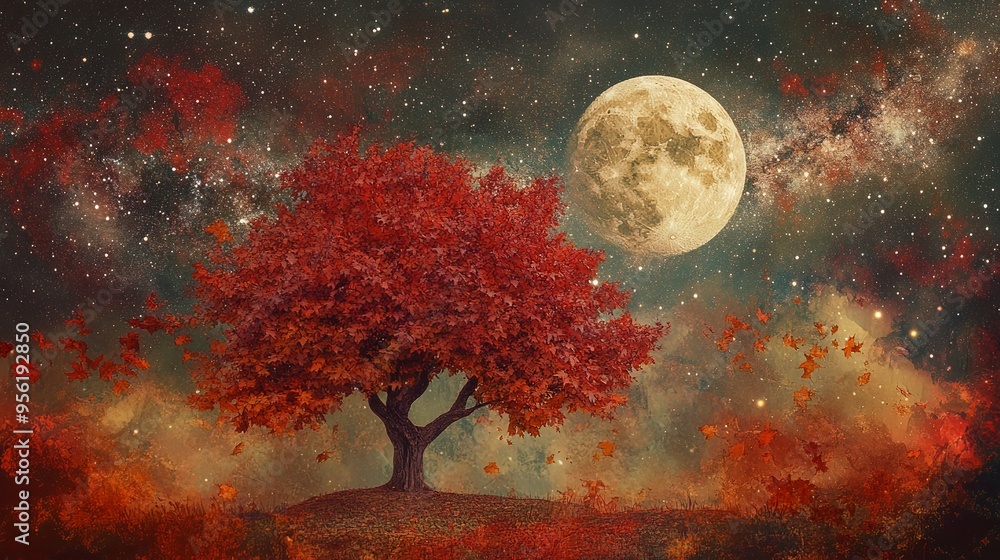 An enchanting autumn tableau unfolds beneath a celestial canvas: a vibrant maple tree adorned with fiery foliage stands tall, bathed in the ethereal glow of a full moon that hangs mid-sky. A celestia An enchanting autumn tableau unfolds beneath a celestial canvas: a vibrant maple tree adorned with fiery foliage stands tall, bathed in the ethereal glow of a full moon that hangs mid-sky. A celestia