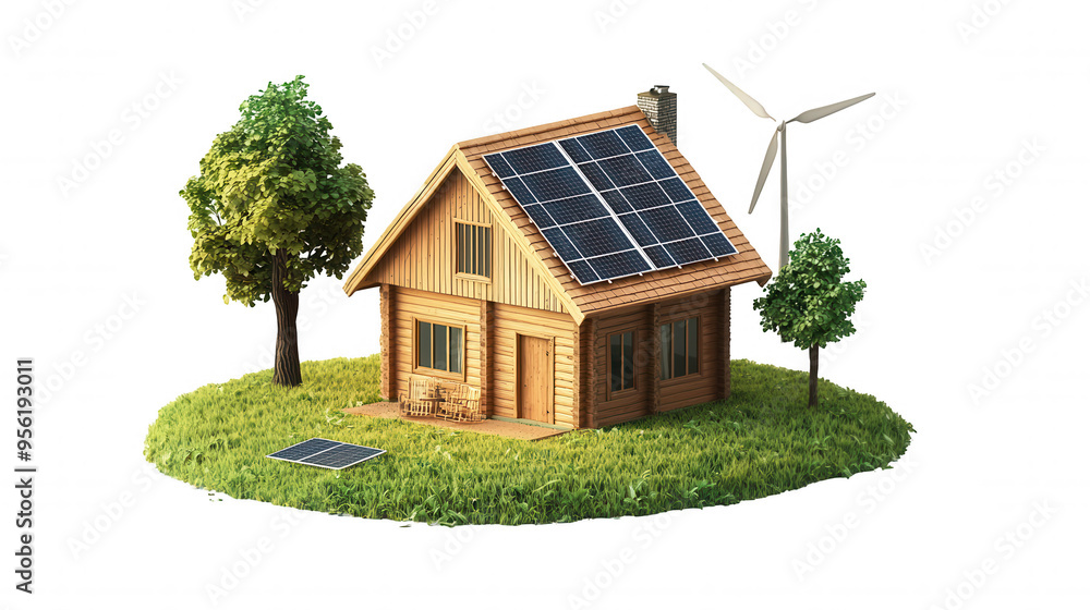 Isometric view of a wooden house with a solar panel on the roof, surrounded by grass, a tree, and a nearby wind turbine. for use in eco-friendly and green energy-related projects. Isometric view of a wooden house with a solar panel on the roof, surrounded by grass, a tree, and a nearby wind turbine. for use in eco-friendly and green energy-related projects.