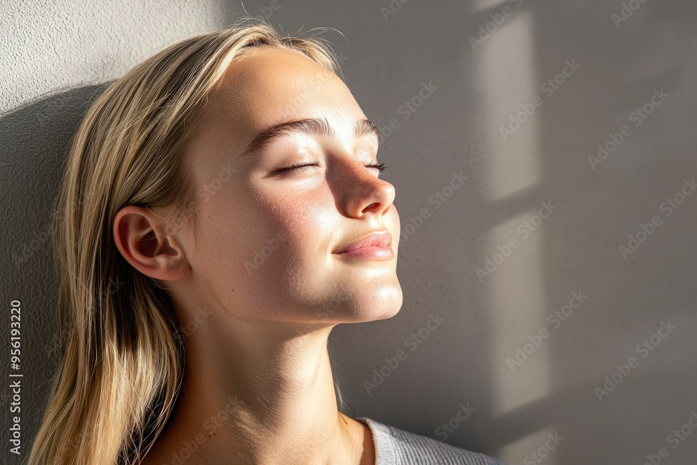 Portrait of a Young Woman with Eyes Closed in Sunlight Portrait of a Young Woman with Eyes Closed in Sunlight