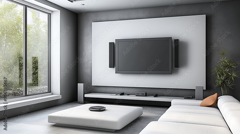 Modern white living room interior with a flat-screen television and home theater system on the wall Modern white living room interior with a flat-screen television and home theater system on the wall
