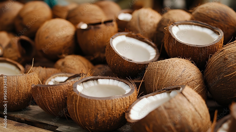 Empty coconut shells, without the coconut inside. Empty coconut shells, without the coconut inside.
