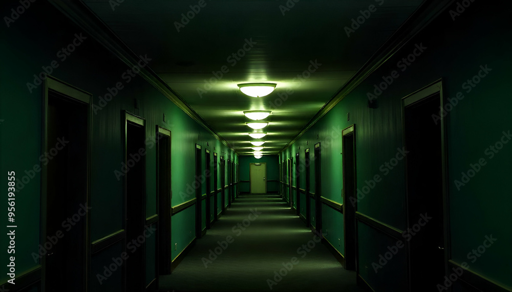 A long, dimly lit hallway with rows of closed doors on both sides, leading to a bright light at the end A long, dimly lit hallway with rows of closed doors on both sides, leading to a bright light at the end