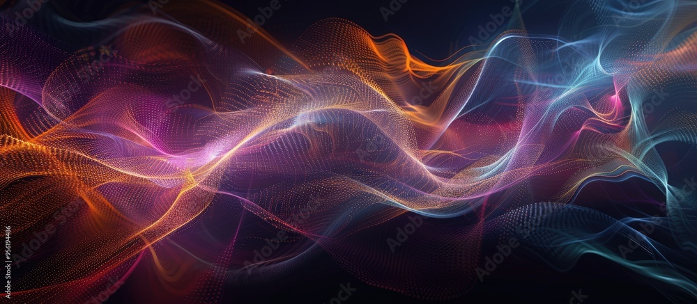 An abstract electric wave with vibrant colorful lines on a dark backdrop featuring motion effects and copy space image