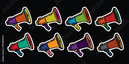 Original vector icon set in vintage style. Loudspeaker. Megaphone.