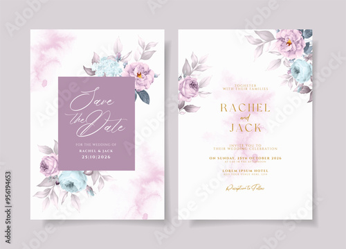 Watercolor wedding invitation template set with beautiful purple floral and leaves decoration