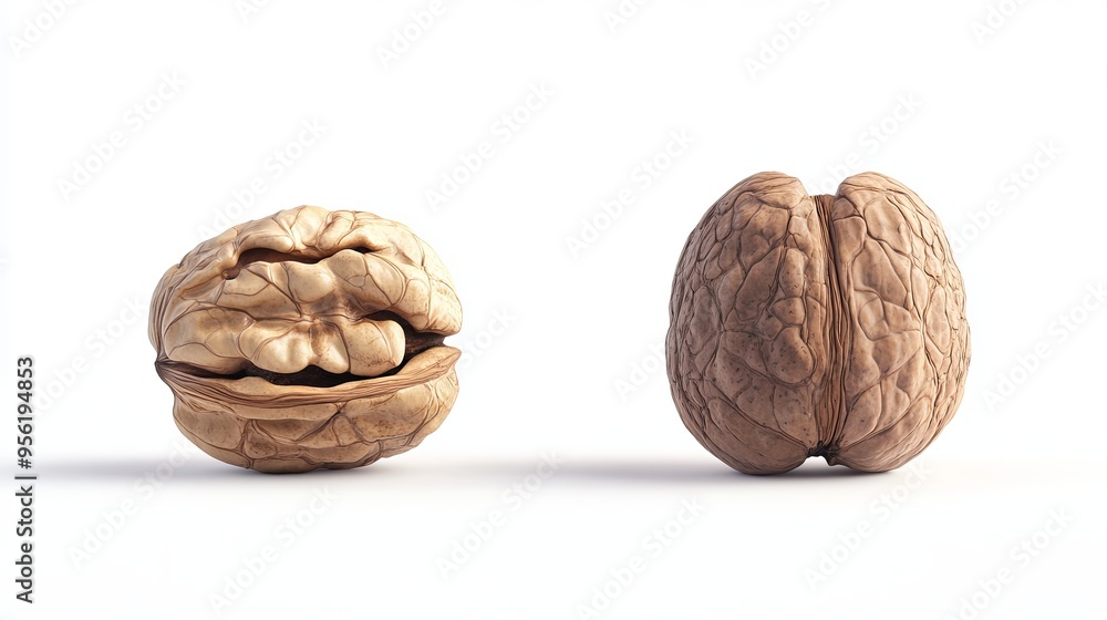 A whole walnut and a cracked walnut isolated against a white background. A whole walnut and a cracked walnut isolated against a white background.