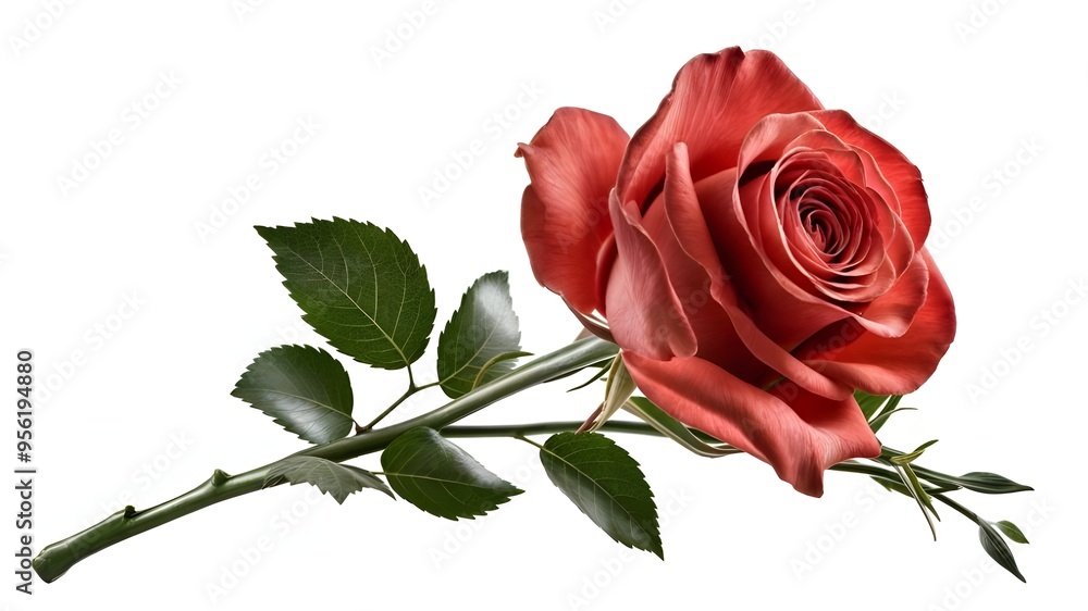 Naklejka premium A red rose with green leaves and a green leaf.