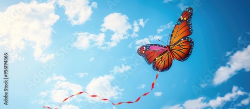 A butterfly shaped toy kite gracefully ascends with its long tail fluttering in the wind at The Knap Barry s family kite festival against a vivid blue sky with scattered clouds perfect for copy space photo