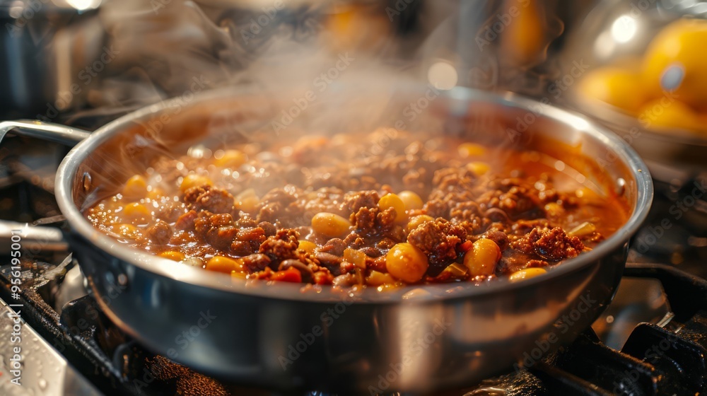 Cooking a pot of chili with ground beef, beans, and spices simmering on the stove in a warm home kitchen Cooking a pot of chili with ground beef, beans, and spices simmering on the stove in a warm home kitchen
