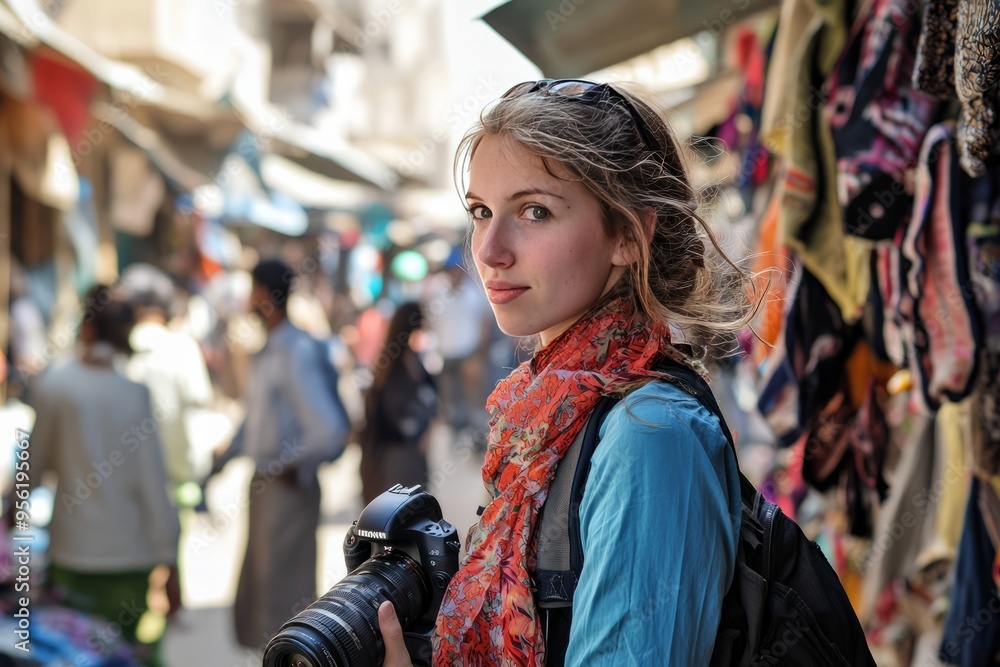 A female journalist reporting from a foreign country. She’s navigating through a crowded market while capturing local A female journalist reporting from a foreign country. She’s navigating through a crowded market while capturing local